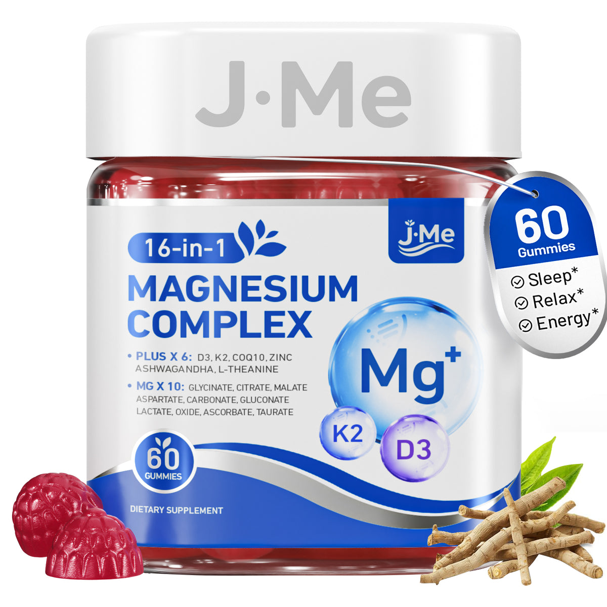 JMe 90 Counts 16-in-1 Magnesium Citrate Glycinate Supplement Complex Gummies For Women Adults -  with Ashwagandha, L-Theanine, Vitamin D3 K2 & Zinc - No Added Sugar Vegan Magnesium for Sleep Support