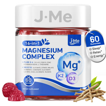 JMe 90 Counts 16-in-1 Magnesium Citrate Glycinate Supplement Complex Gummies For Women Adults -  with Ashwagandha, L-Theanine, Vitamin D3 K2 & Zinc - No Added Sugar Vegan Magnesium for Sleep Support