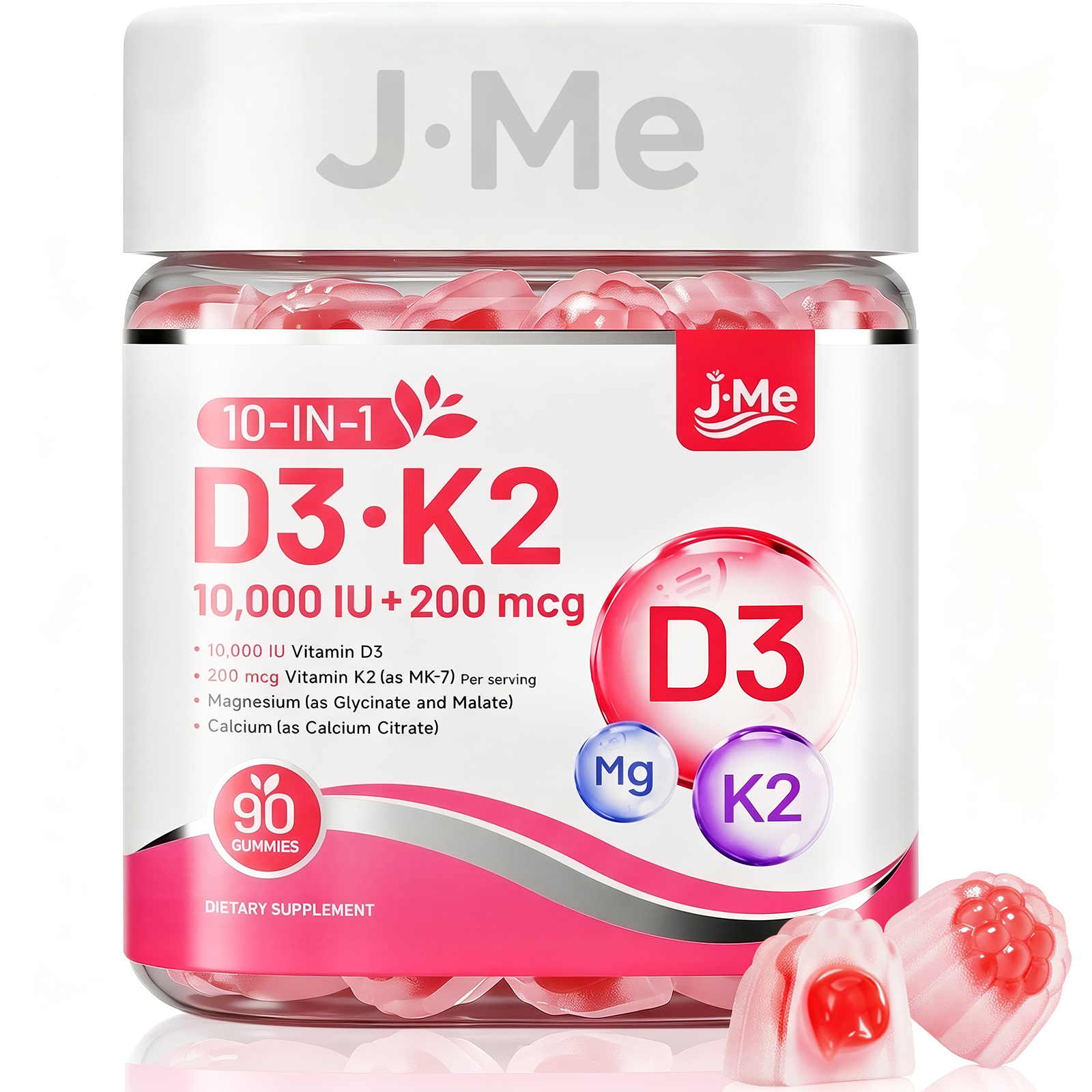 JME Vitamin D3 K2 Gummies 10000 IU &200 mcg,Calcium +Magnesium,Non-Gelatin, Extra Strength D3K2 (MK-7) Supplement ,Calcium Citrate, Magnesium, Vitamin C & Zinc for Bone, Teeth & Muscle,Non-GMO