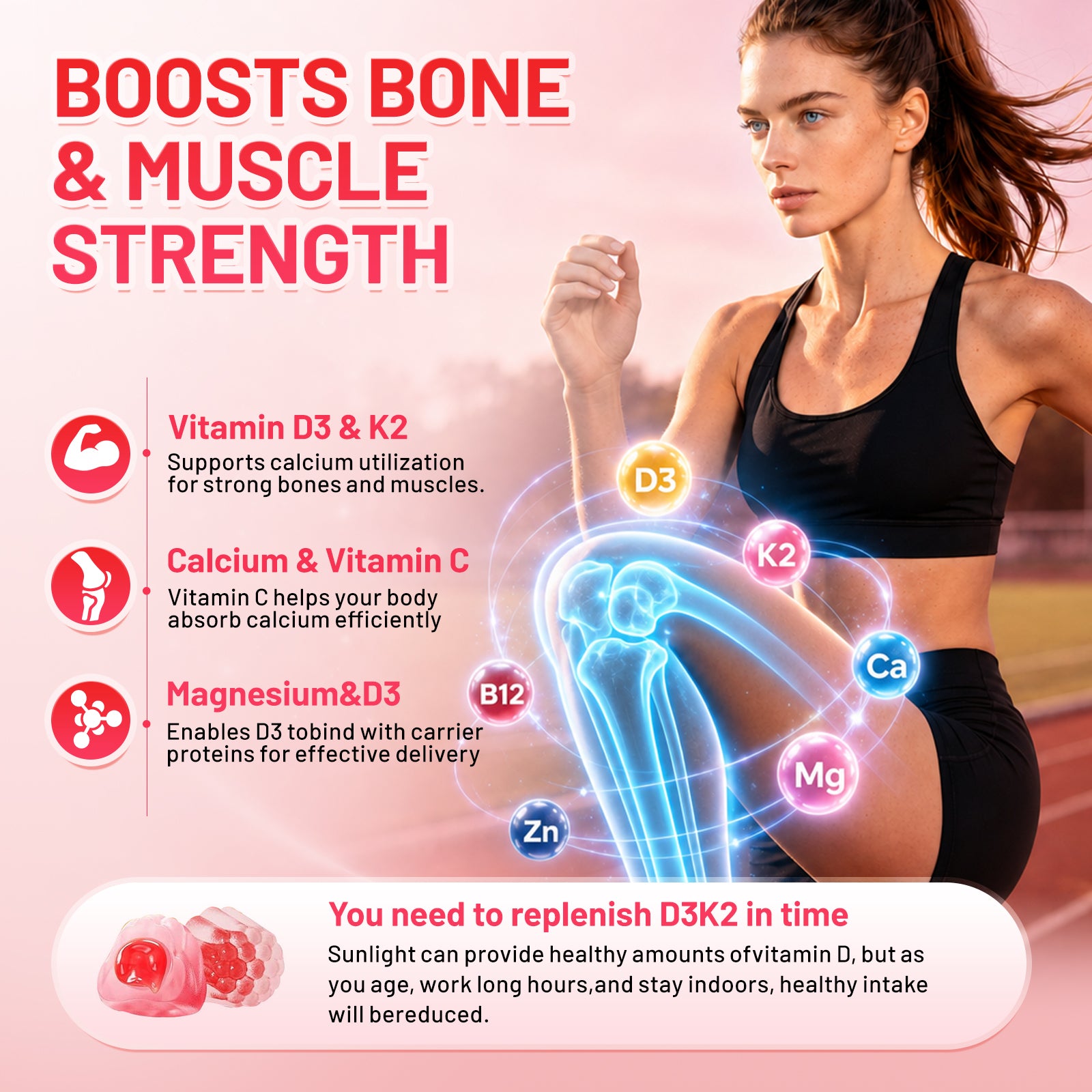 JME Vitamin D3 K2 Gummies 10000 IU &200 mcg,Calcium +Magnesium,Non-Gelatin, Extra Strength D3K2 (MK-7) Supplement ,Calcium Citrate, Magnesium, Vitamin C & Zinc for Bone, Teeth & Muscle,Non-GMO