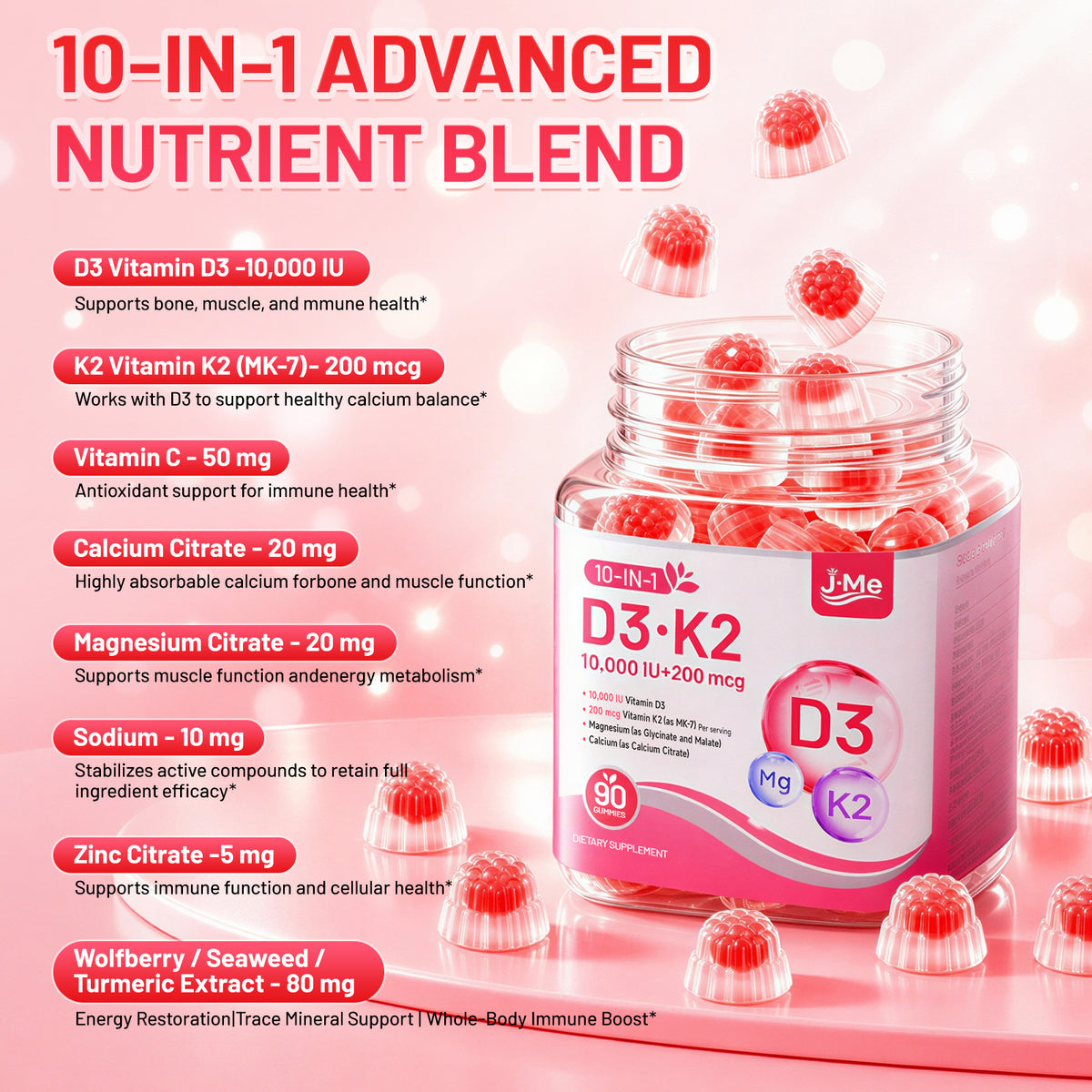 JME Vitamin D3 K2 Gummies 10000 IU &200 mcg,Calcium +Magnesium,Non-Gelatin, Extra Strength D3K2 (MK-7) Supplement ,Calcium Citrate, Magnesium, Vitamin C & Zinc for Bone, Teeth & Muscle,Non-GMO