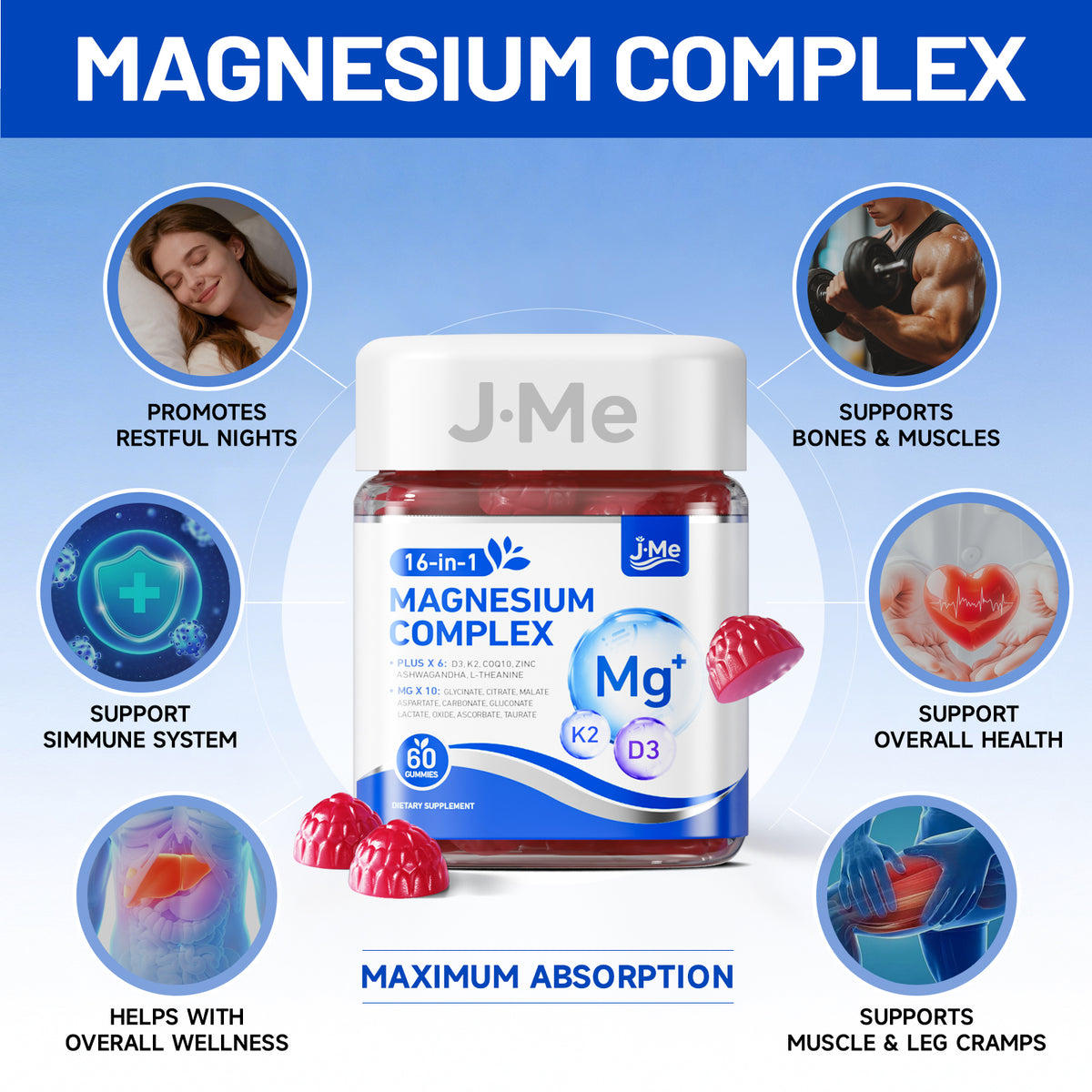 JMe 90 Counts 16-in-1 Magnesium Citrate Glycinate Supplement Complex Gummies For Women Adults -  with Ashwagandha, L-Theanine, Vitamin D3 K2 & Zinc - No Added Sugar Vegan Magnesium for Sleep Support