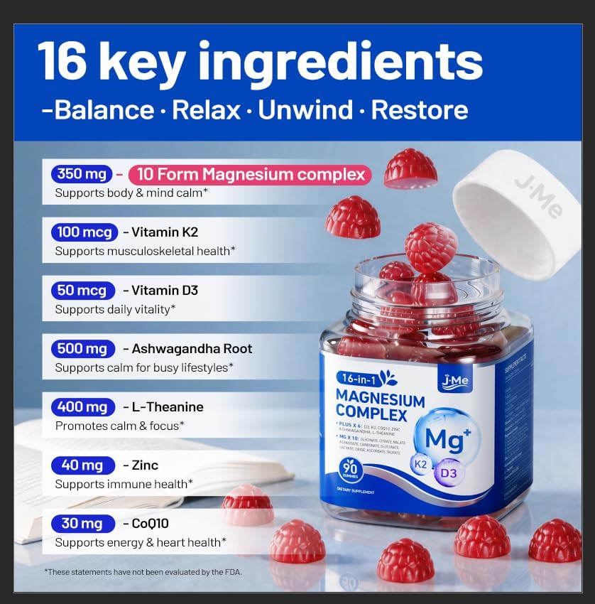 JMe 90 Counts 16-in-1 Magnesium Citrate Glycinate Supplement Complex Gummies For Women Adults -  with Ashwagandha, L-Theanine, Vitamin D3 K2 & Zinc - No Added Sugar Vegan Magnesium for Sleep Support