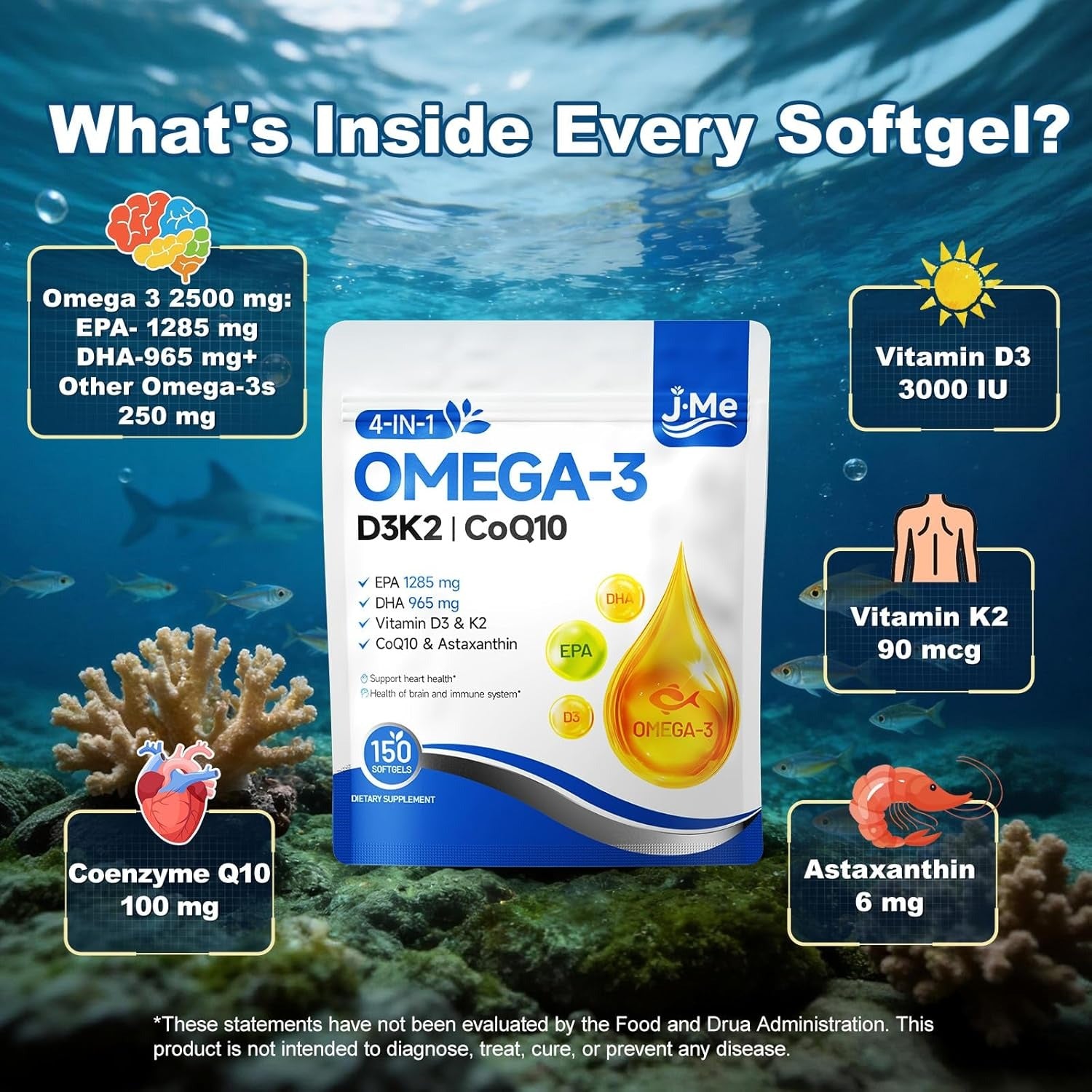 JME 300 Count Omega 3 Fish Oil with Vitamin D3 K2 - 2500 mg High-Potency -Fish Oil Omega 3 Supplements Support Heart, Brain, Eyes & Immune Health -Lemon Flavored , Non-GMO，2 Pack-100 Day Supply