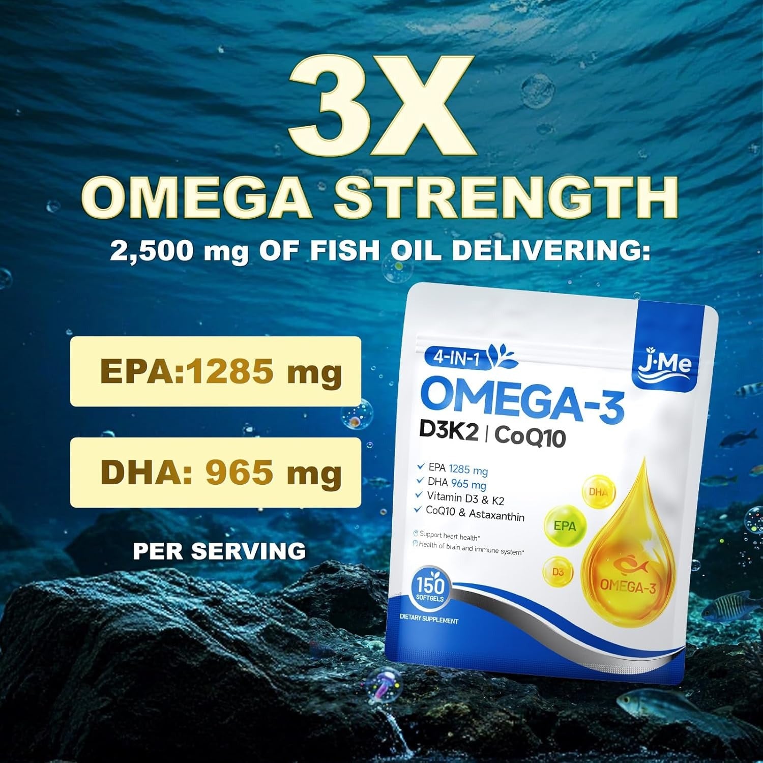 JME 300 Count Omega 3 Fish Oil with Vitamin D3 K2 - 2500 mg High-Potency -Fish Oil Omega 3 Supplements Support Heart, Brain, Eyes & Immune Health -Lemon Flavored , Non-GMO，2 Pack-100 Day Supply