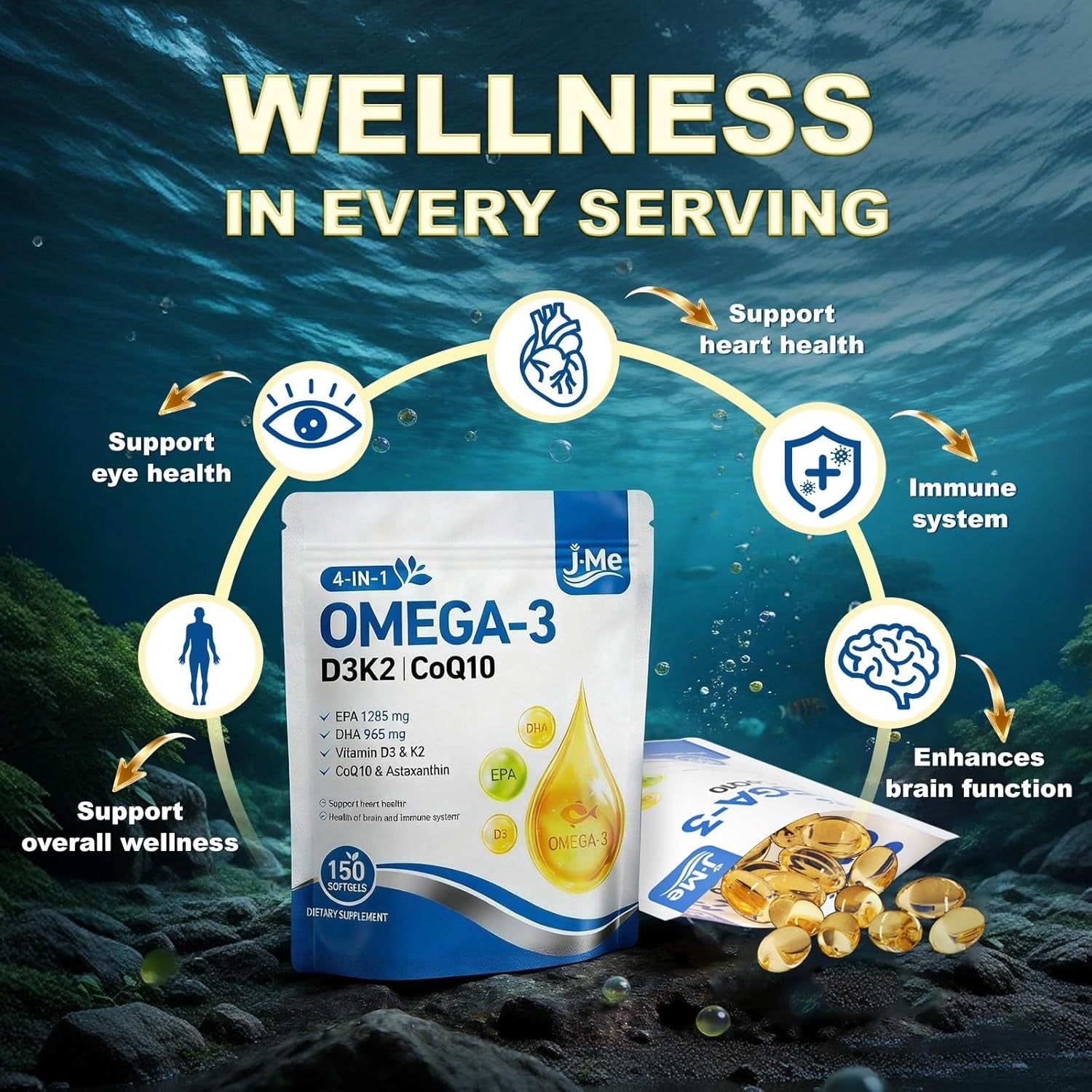 JME 300 Count Omega 3 Fish Oil with Vitamin D3 K2 - 2500 mg High-Potency -Fish Oil Omega 3 Supplements Support Heart, Brain, Eyes & Immune Health -Lemon Flavored , Non-GMO，2 Pack-100 Day Supply