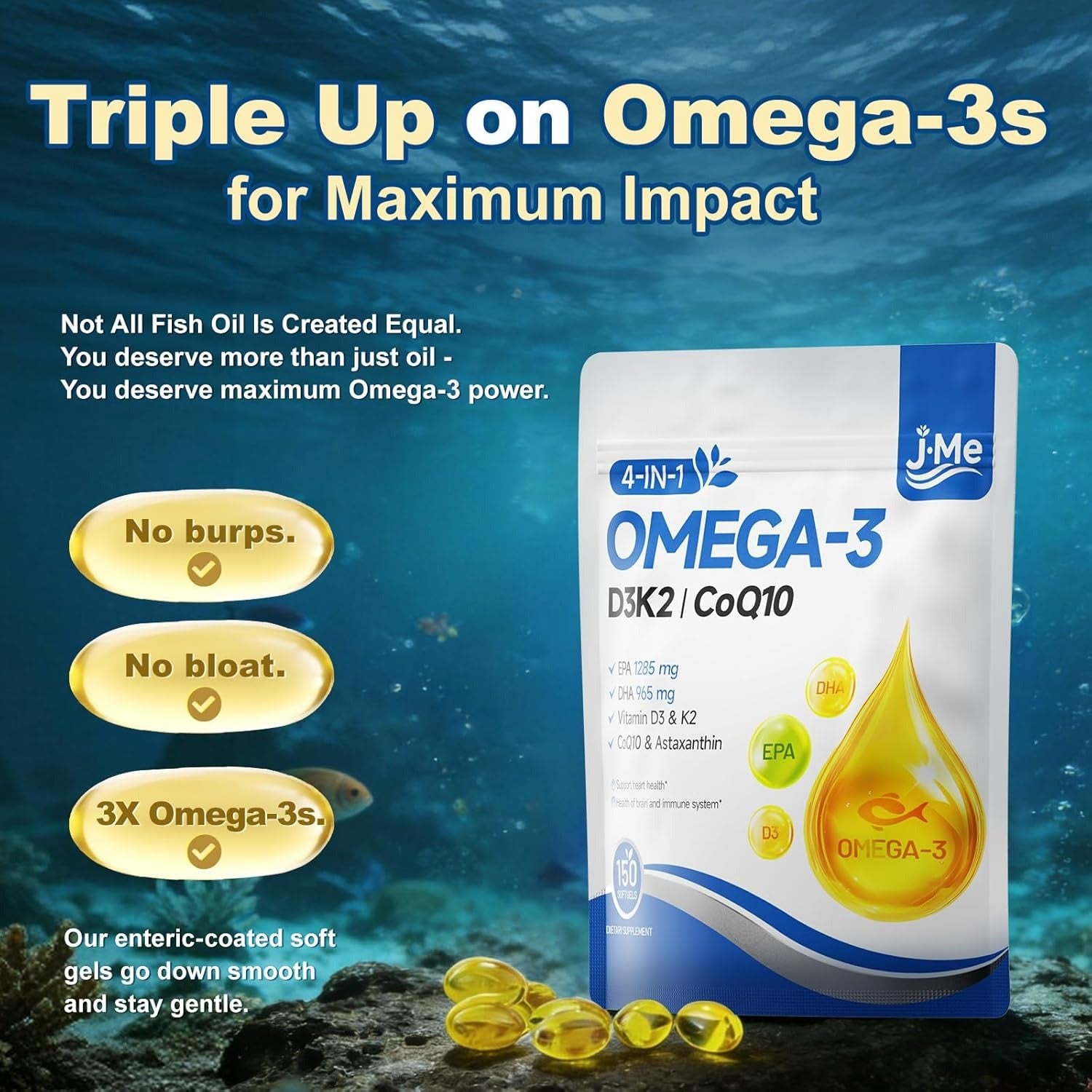 JME 300 Count Omega 3 Fish Oil with Vitamin D3 K2 - 2500 mg High-Potency -Fish Oil Omega 3 Supplements Support Heart, Brain, Eyes & Immune Health -Lemon Flavored , Non-GMO，2 Pack-100 Day Supply