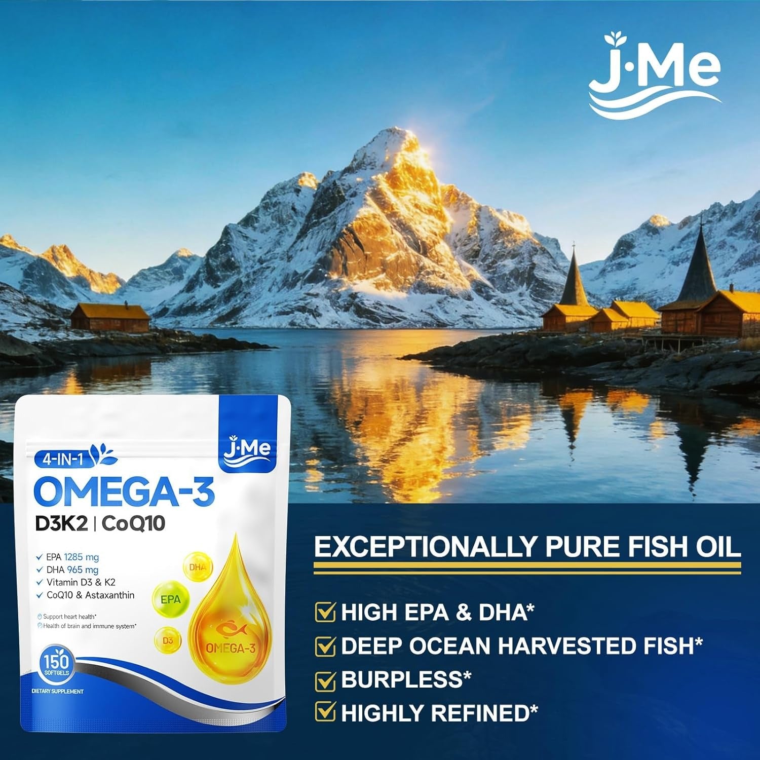 JME 300 Count Omega 3 Fish Oil with Vitamin D3 K2 - 2500 mg High-Potency -Fish Oil Omega 3 Supplements Support Heart, Brain, Eyes & Immune Health -Lemon Flavored , Non-GMO，2 Pack-100 Day Supply
