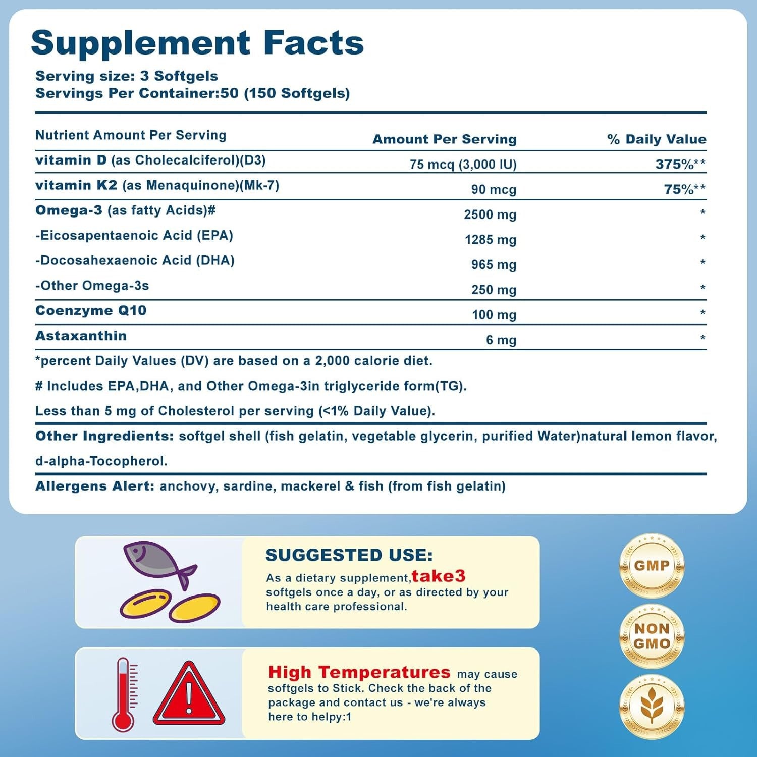 JME 300 Count Omega 3 Fish Oil with Vitamin D3 K2 - 2500 mg High-Potency -Fish Oil Omega 3 Supplements Support Heart, Brain, Eyes & Immune Health -Lemon Flavored , Non-GMO，2 Pack-100 Day Supply