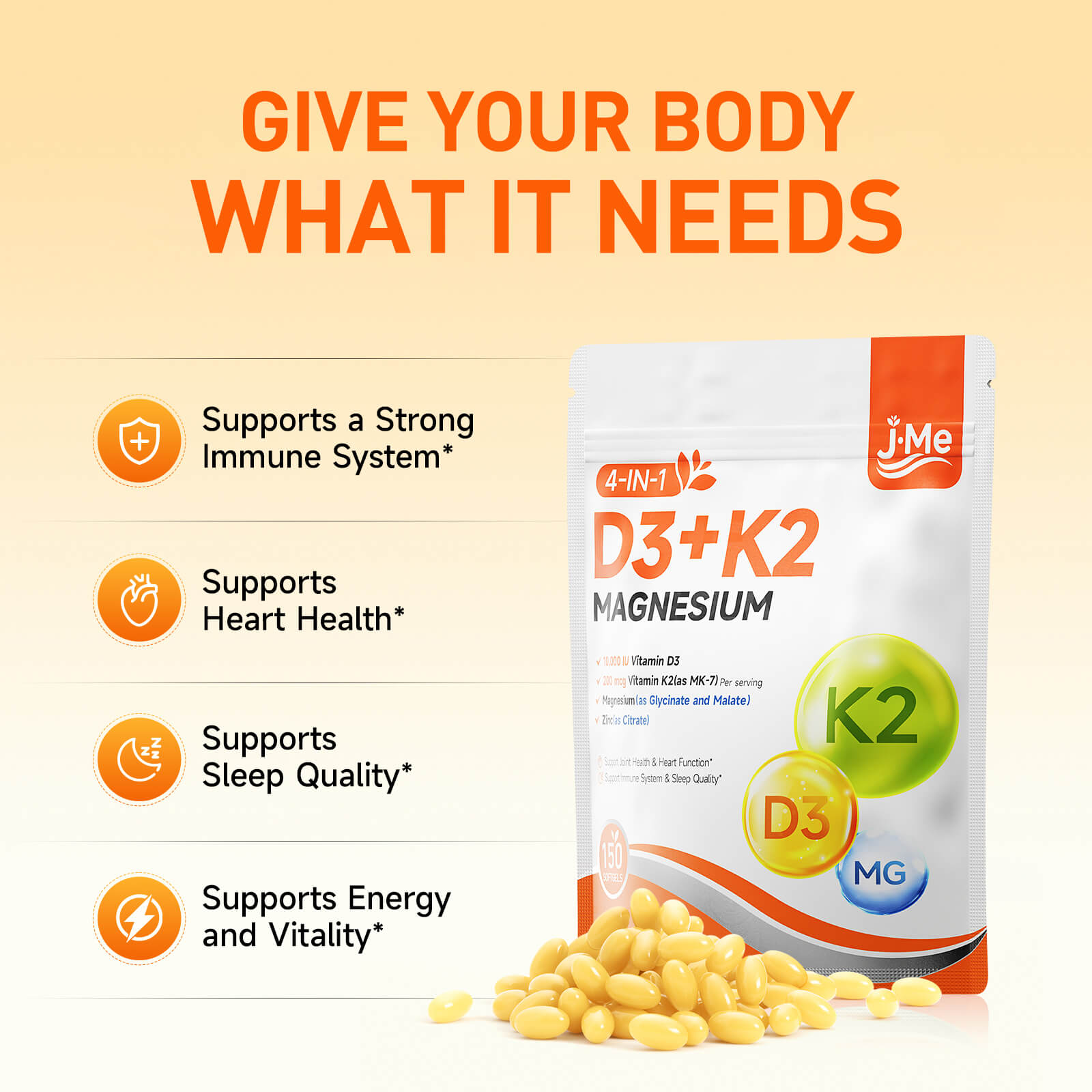 JMe 300 Counts Vitamin D3 K2 10000 IU Supplement Softgels with Magnesium - with K2 D3 Vitamin Multivitamin Supplement, Magnesium Glycinate, Zinc - 2 Packs for Energy, Heart & Immune Support