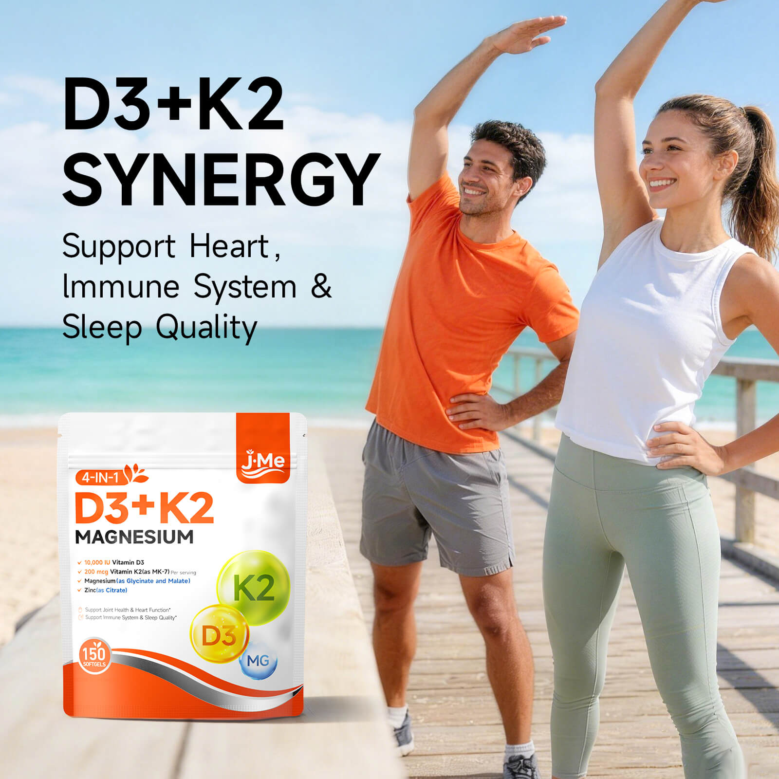 JMe 300 Counts Vitamin D3 K2 10000 IU Supplement Softgels with Magnesium - with K2 D3 Vitamin Multivitamin Supplement, Magnesium Glycinate, Zinc - 2 Packs for Energy, Heart & Immune Support