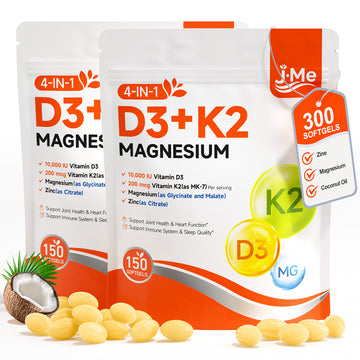 JMe 300 Counts Vitamin D3 K2 10000 IU Supplement Softgels with Magnesium - with K2 D3 Vitamin Multivitamin Supplement, Magnesium Glycinate, Zinc - 2 Packs for Energy, Heart & Immune Support