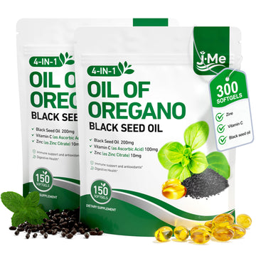 Oil of Oregano with Black Seed Oil, 4-in-1 Oregano Oil Capsules Organic with Vitamin C & Zinc, Non-GMO, Carvacrol & Thymoquinone Rich, 300 Softgels, 2 Packs