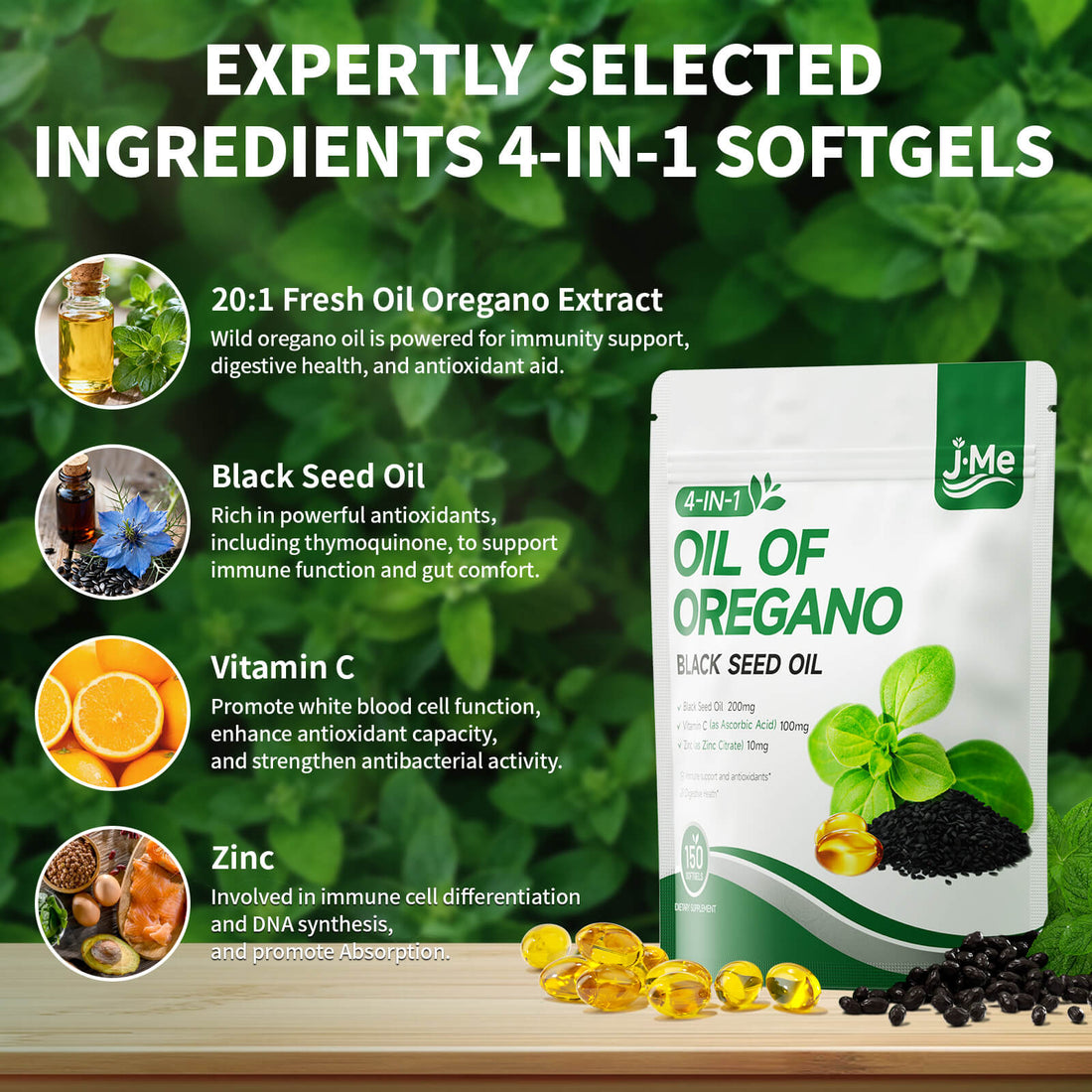 Oil of Oregano with Black Seed Oil, 4-in-1 Oregano Oil Capsules Organic with Vitamin C & Zinc, Non-GMO, Carvacrol & Thymoquinone Rich, 300 Softgels, 2 Packs